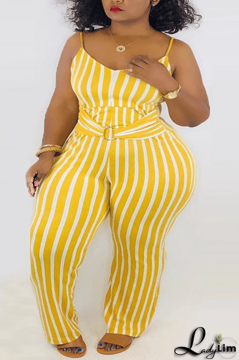 Fashion Sexy Spaghetti Strap Striped Plus Size Jumpsuit