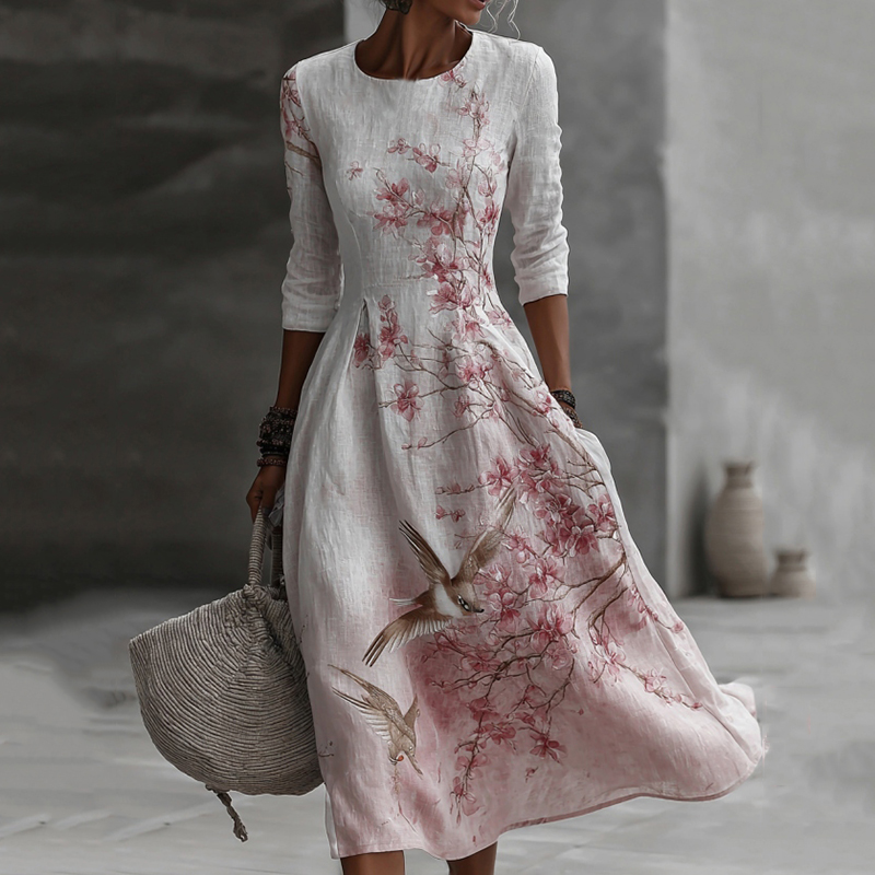 Japanese Plum Blossom Art Embroidered Casual Linen Maxi Dress wearshes