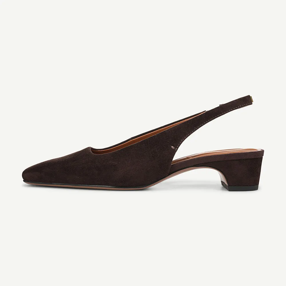 Brown Square Toe Chunky Heel Comfy Stretch Strap Slingback Pumps