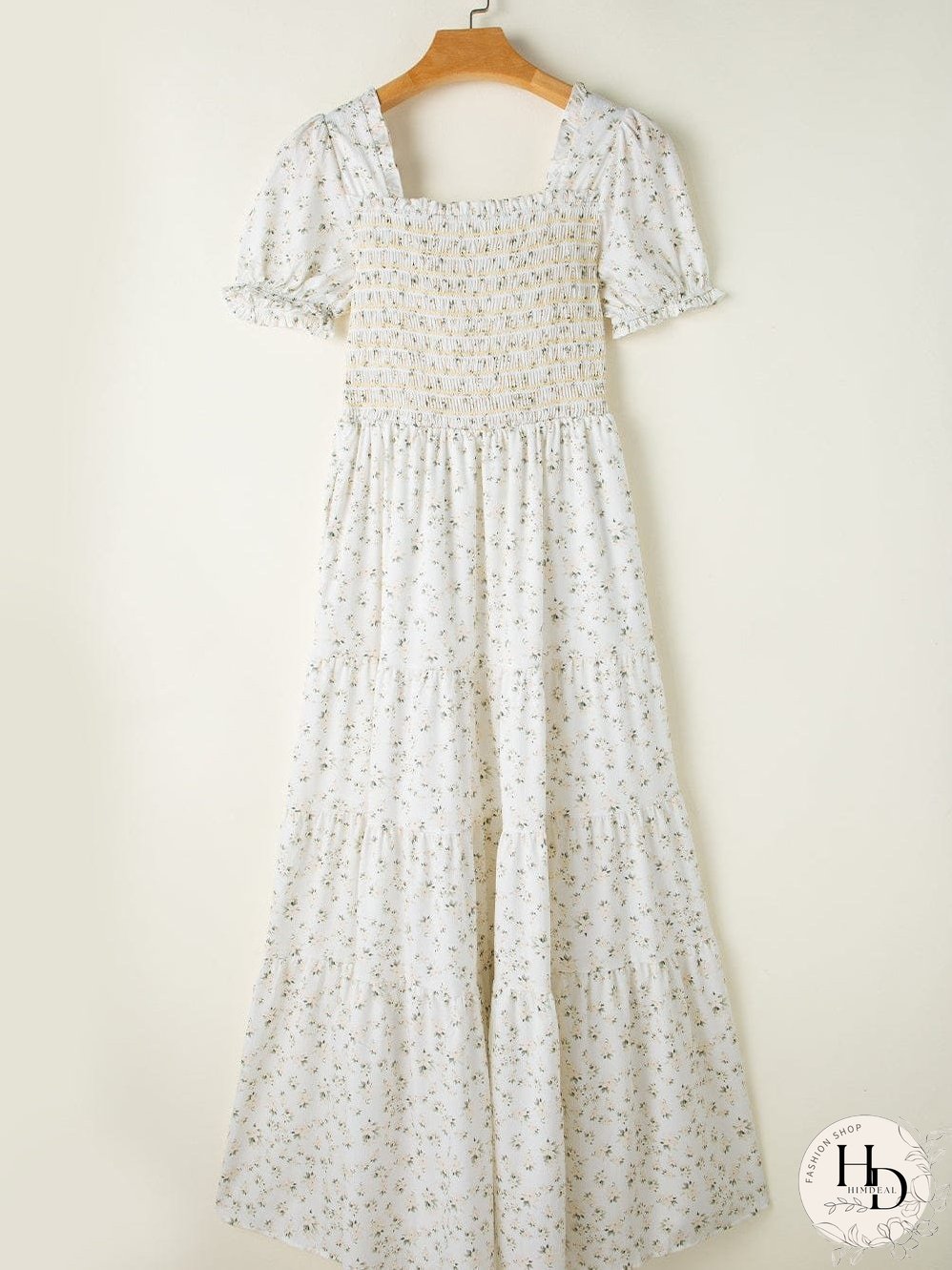 Floral Tiered White Maxi Dress with Shirred Bodice
