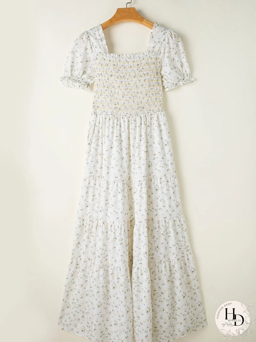 Floral Tiered White Maxi Dress with Shirred Bodice