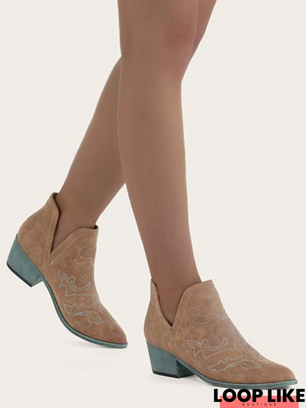 Khaki Suede Western Ankle Boots with Embroidered Graphics