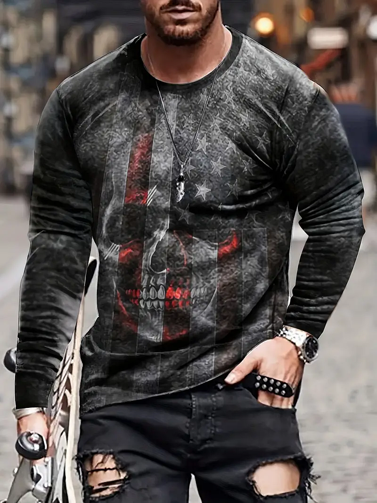 Men's long sleeve T-shirt & Faded flag Print & Spring and Autumn fashion T-shirt