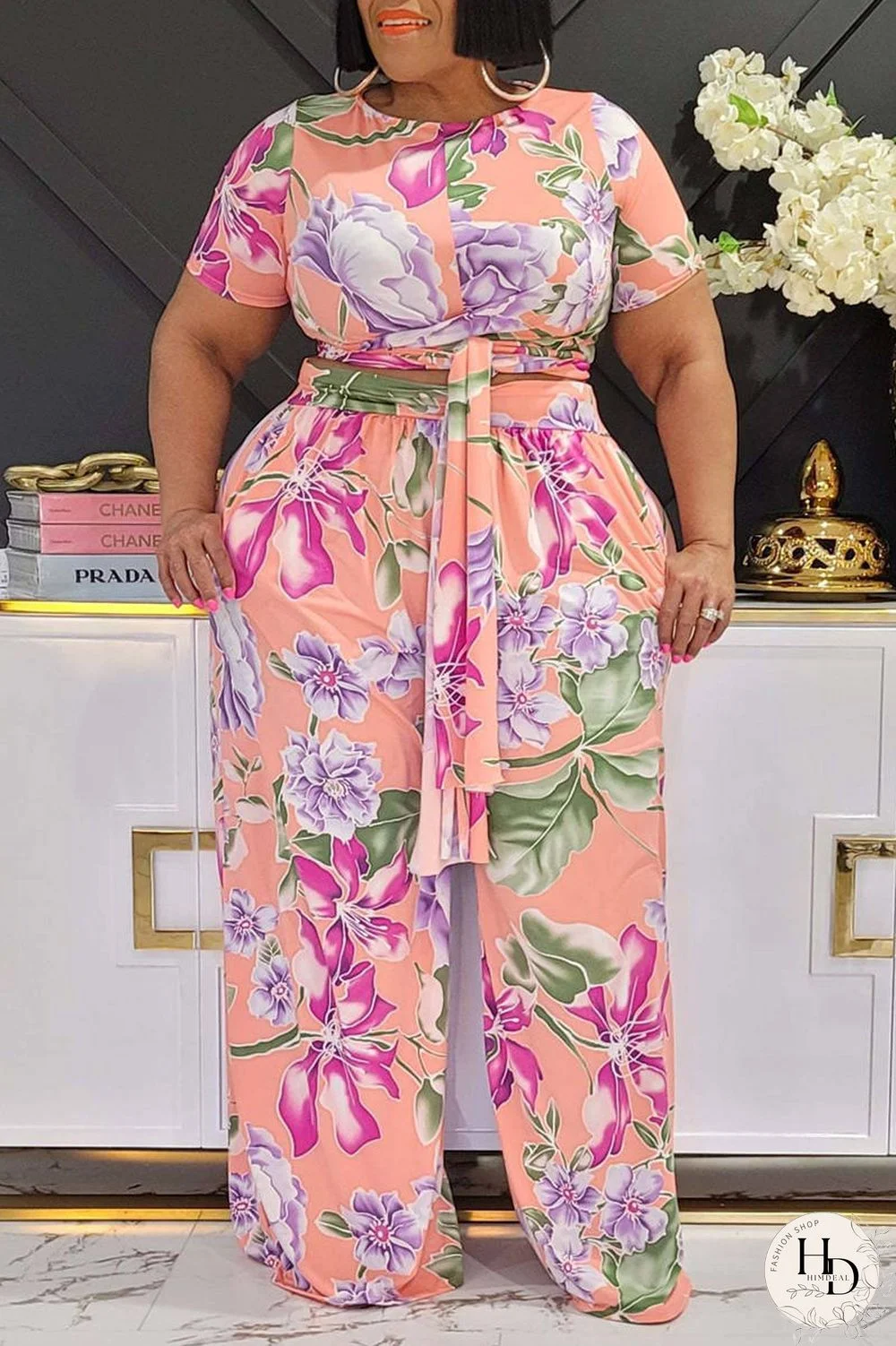 Pink Fashion Casual Print Bandage O Neck Plus Size Two Pieces
