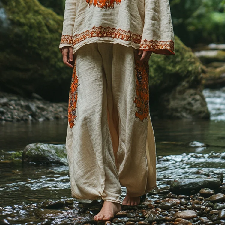 Bohemian Holiday Style Vintage Embroidered Floral Totem Print Casual Pants Wide-leg Pants
