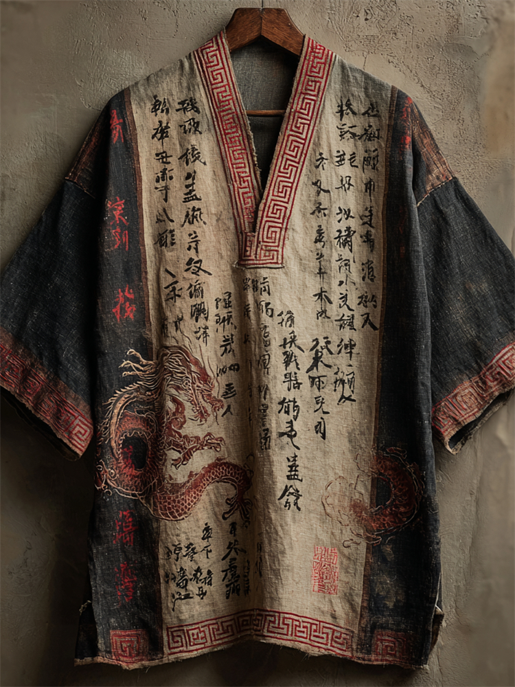 Men's Japanese Calligraphy & Dragon Contrast Linen Shirt  artssus