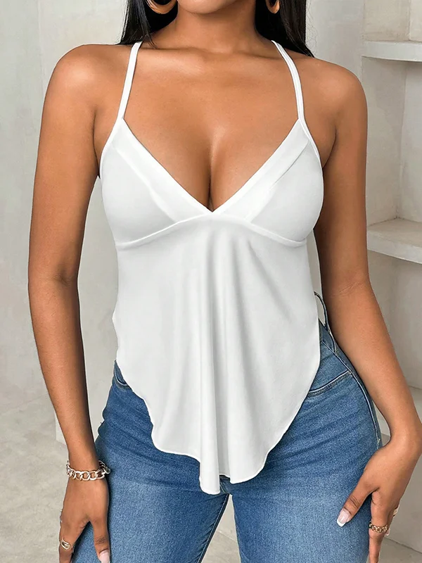 Tied Solid Color Pleated Backless Sleeveless Loose Deep V-Neck Vest Top