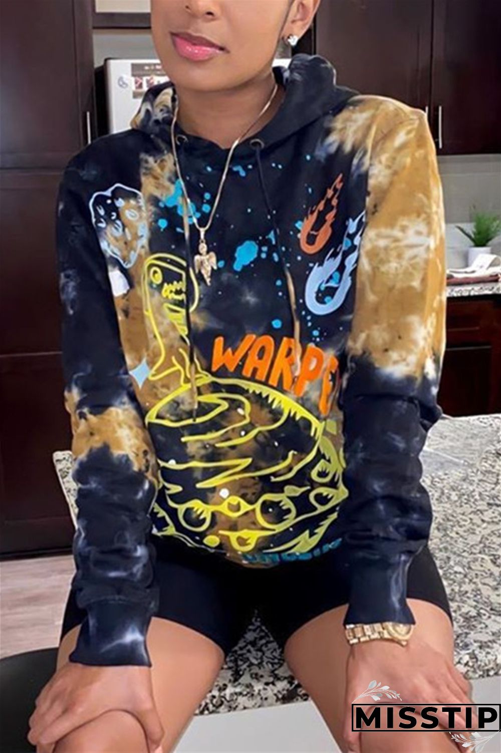 Deep Blue Fashion Casual Hooded Collar Long Sleeve Regular Sleeve Regular Print Tops