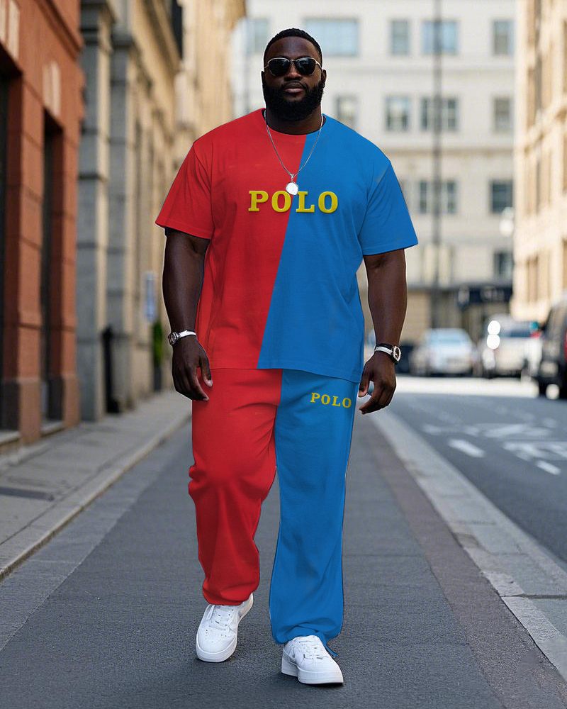 Big Men's Casual Blue & Red Color Block POLO Printed Short Sleeve T-shirt Pants Set with Drawstring