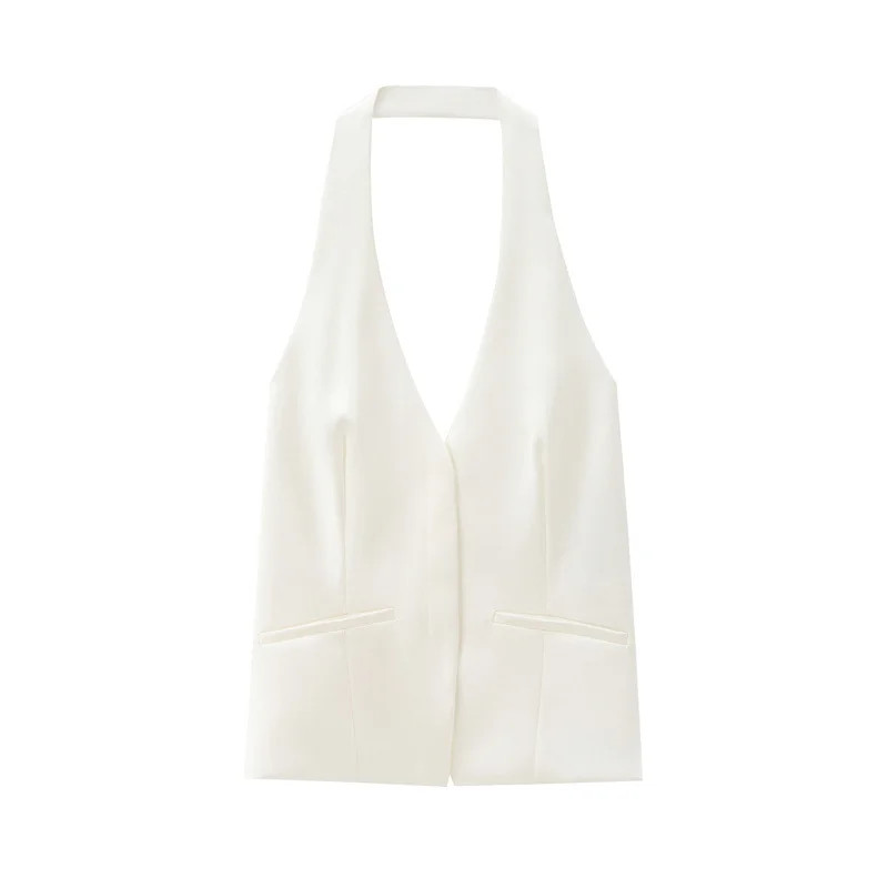 Toloer Toloer 2024 New Women's Fashion Simple V Neck Open Back Hanging Collar Vest Top 4772125-Outfit Ideas