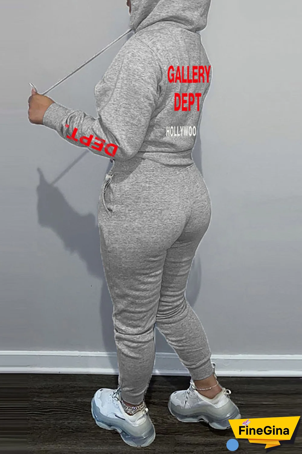 Brown Street Vintage Print Draw String Letter Hooded Collar Long Sleeve Two Pieces