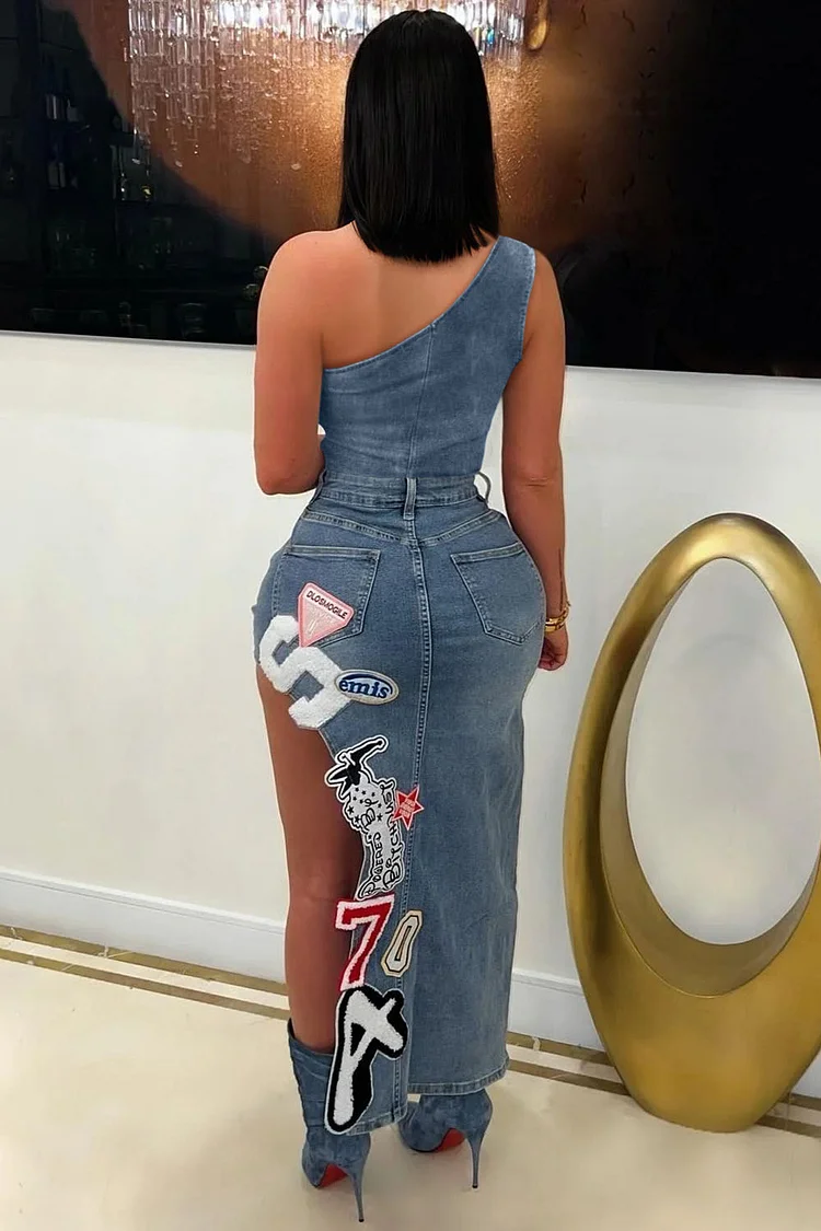 One Shoulder Sleeveless Asymmetric Patch Denim Maxi Dresses-Blue