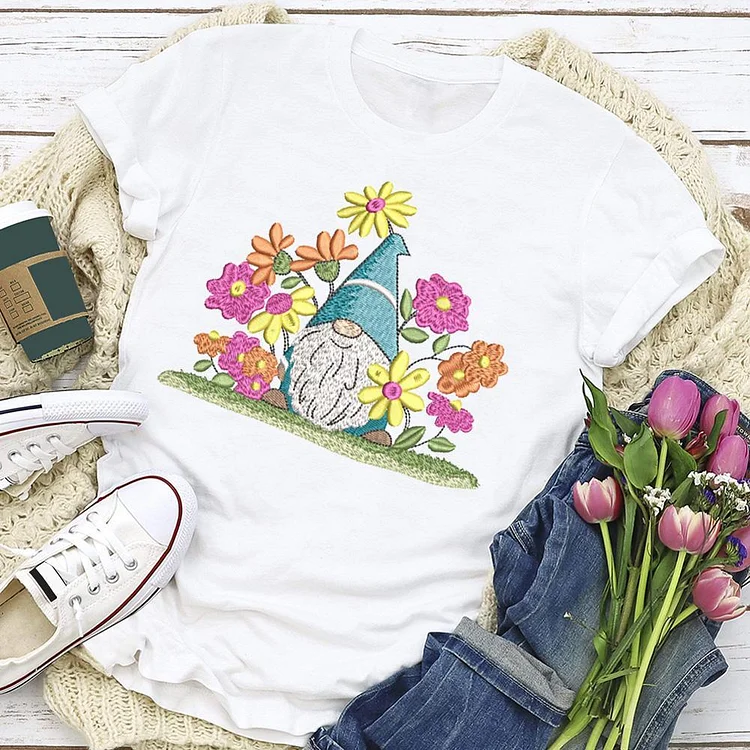 Gnome among flowers T-Shirt Tee --Annaletters