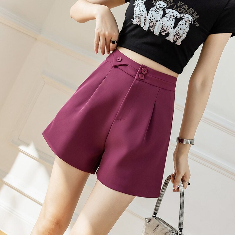 Woherb 2022 New Summer Women's Casual Pants Female Fashion Buttons High Waist Solid Color Suit Wide-legged Shorts With Pockets