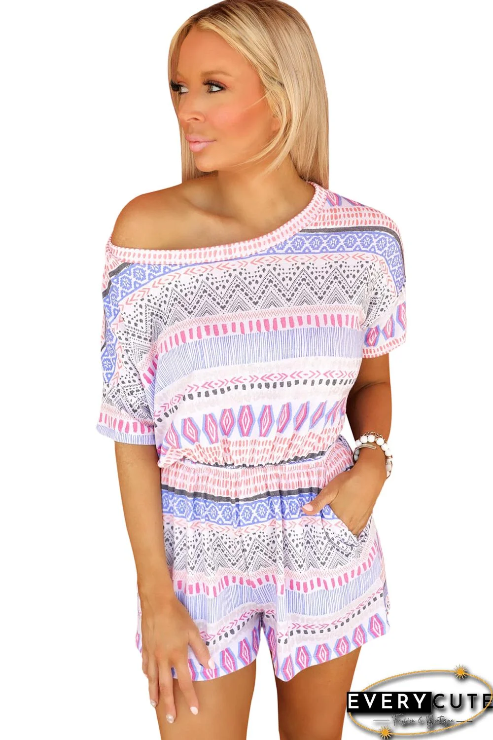 Multicolor Aztec Print Short Sleeve Romper