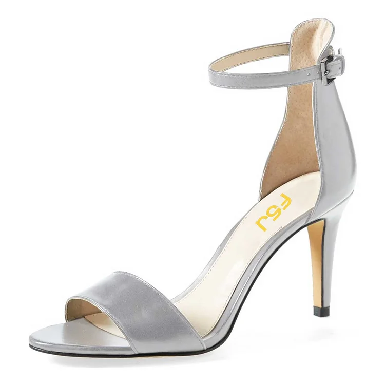 Silver Ankle Strap Sandals Open Toe Stiletto Heels for Women |FSJ Shoes