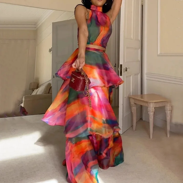 Fashionable Printed Round Neck Sleeveless Waist Puff Cake Dress