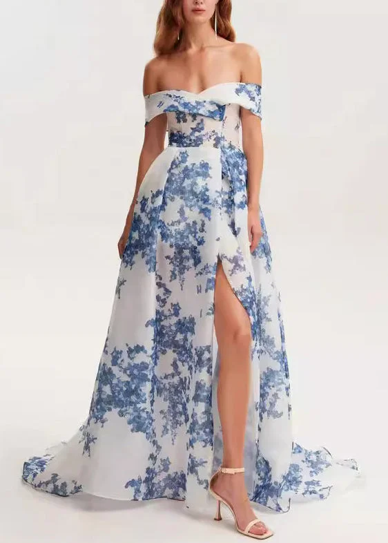 2024 New Off Shoulder Print Organza Long Dress Summer
