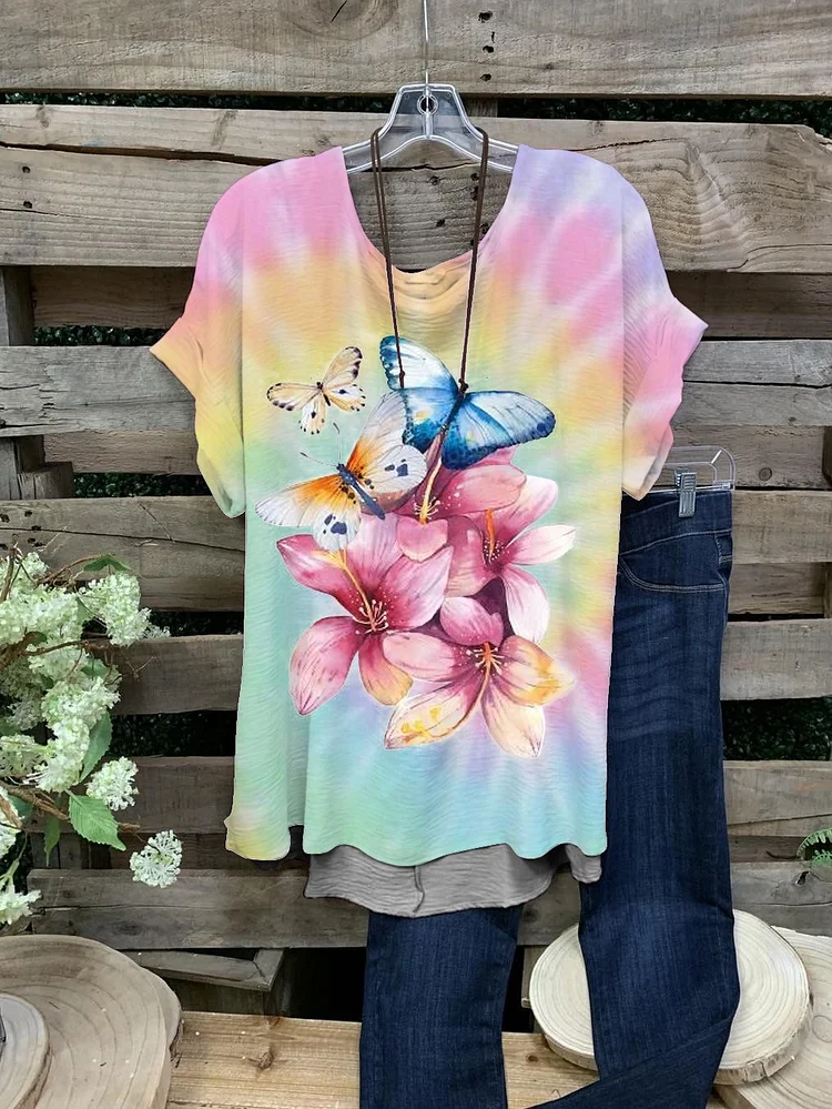 Women's Butterfly Print Casual Round Neck Short Sleeve-Mayoulove