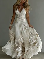 Women's Floral Embroidery Art Suspender Maxi Dress