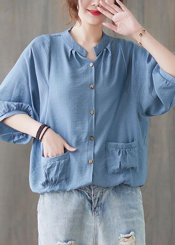 Women Blue Pockets Button Cotton Linen Summer Blouses