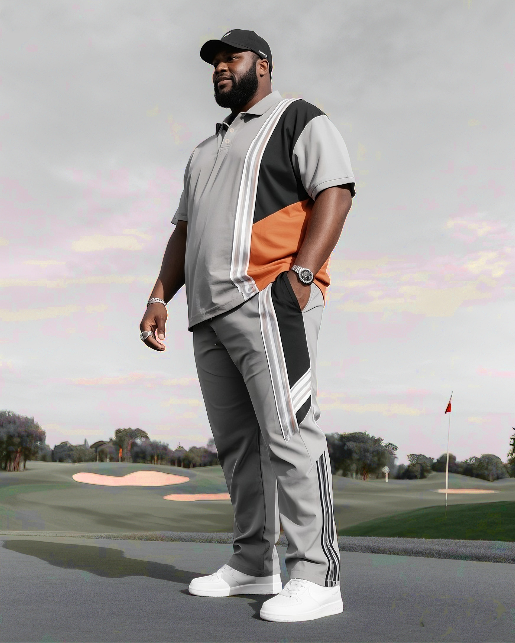 Men's Plus Size Daily Casual Simple Slant Striped Gray Short Sleeve POLO Trousers Suit