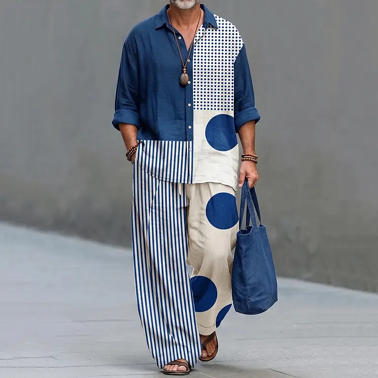 Men's Vintage Polka Dot And Stripe Patchwork Print Shirt And Pants Two Piece Set
