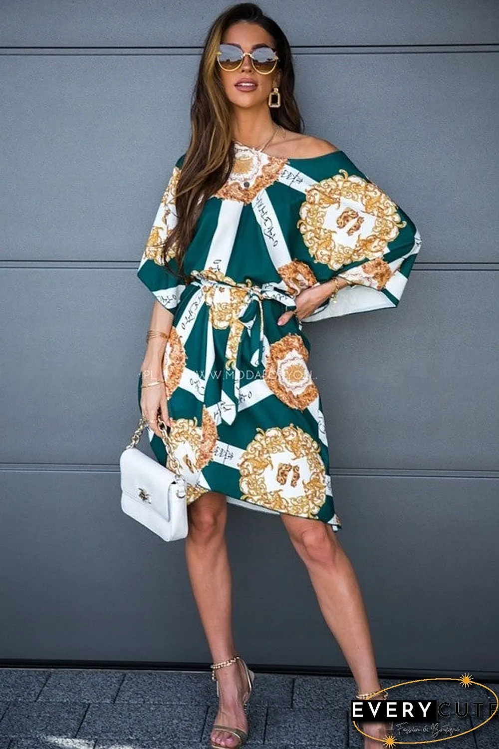 Off Shoulder Wide Sleeve Oversized Blouse Midi Dress