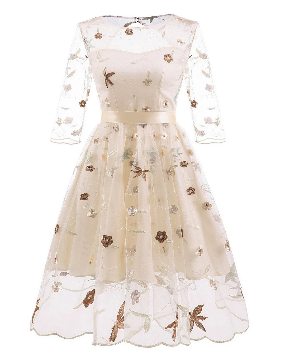 Women's Tea Dress Flower Embroidered 1950s Rockabilly Lace Swing Dress