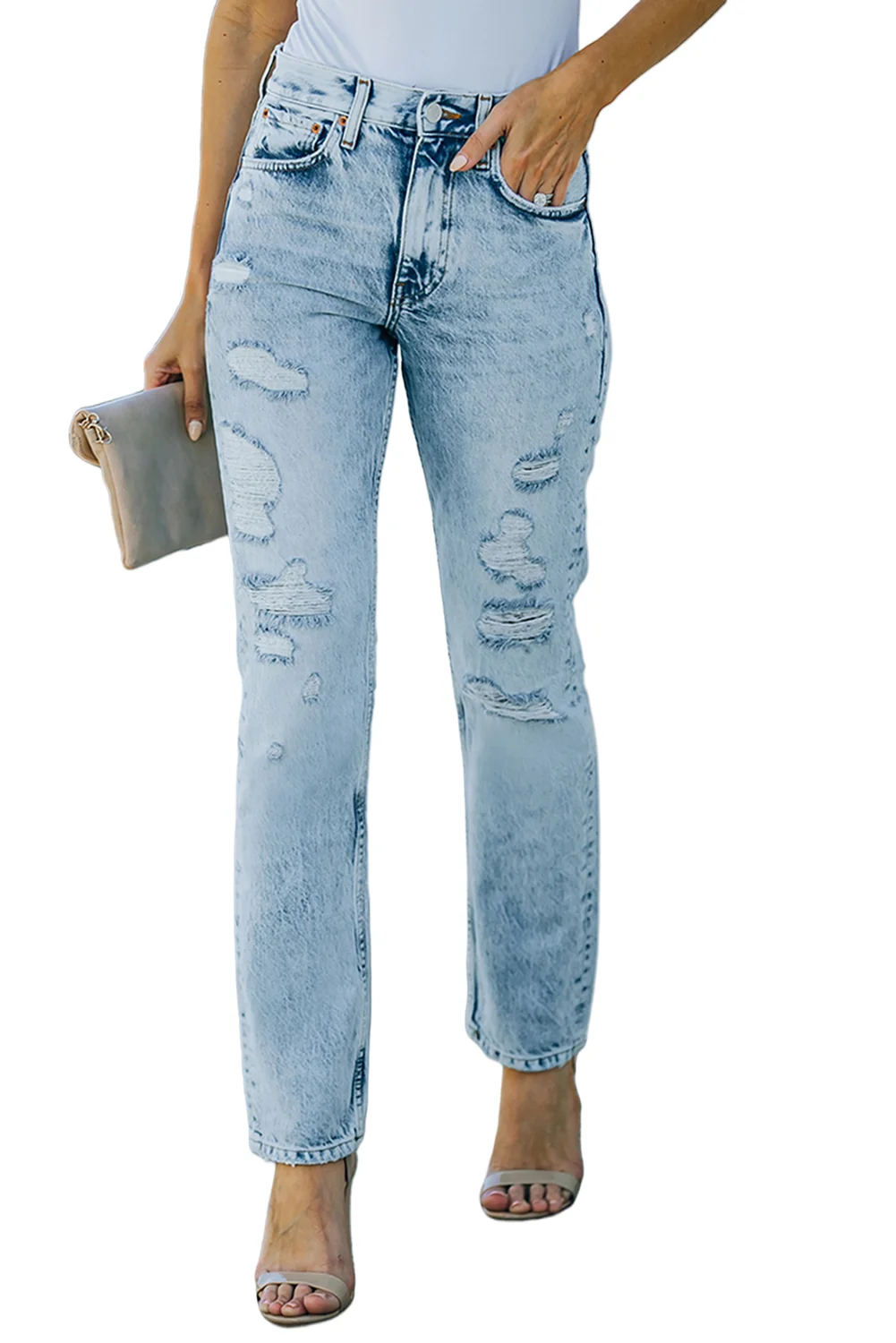 Sky Blue Light Wash Distressed Straight Jeans