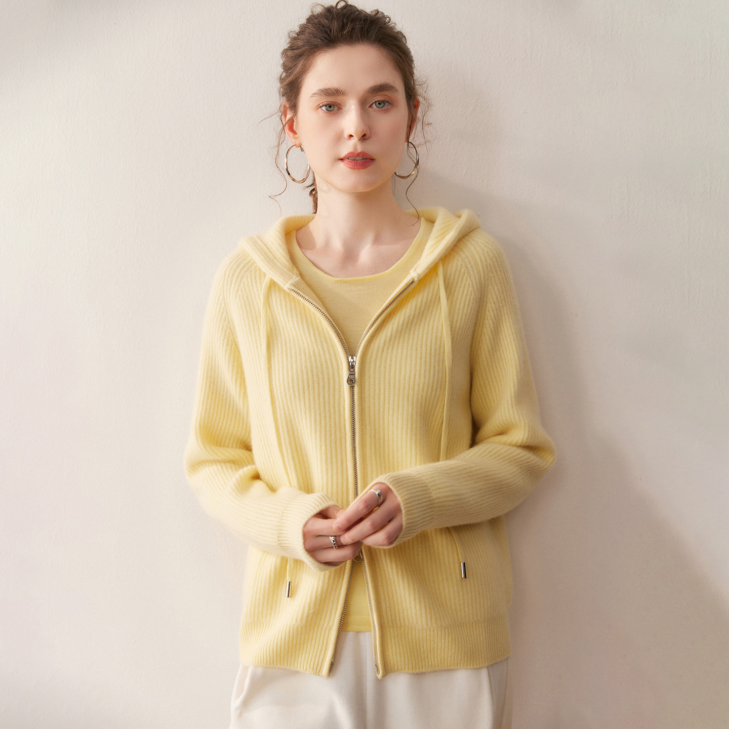 Women's Dual-Zip Cashmere Hooded Cardigan REAL SILK LIFE
