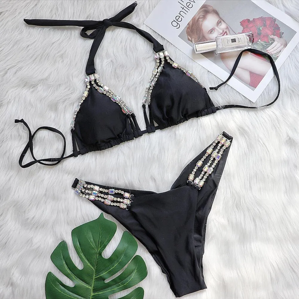 Uveng Uveng Sexy Metal Accessories Rhinestone Women's New Holiday Bikini Lace Swimwear