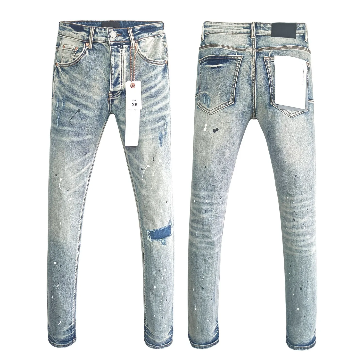 Wimaskel New Purples jeans American high street Retro wash hole patch trend straight Stylish low raise Elastic Skinny jeans brand pants