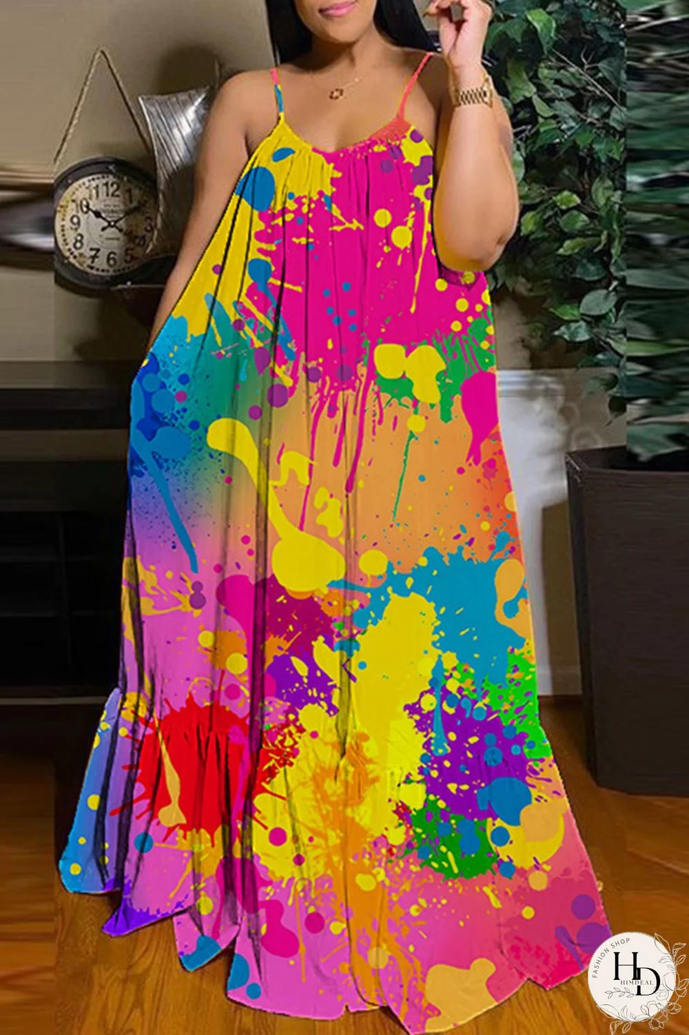 Apricot Sexy Casual Print Backless Spaghetti Strap Long Dress Dresses