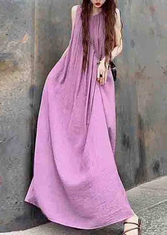 French Purple O Neck Wrinkled Patchwork Cotton Maxi Dresses Sleeveless