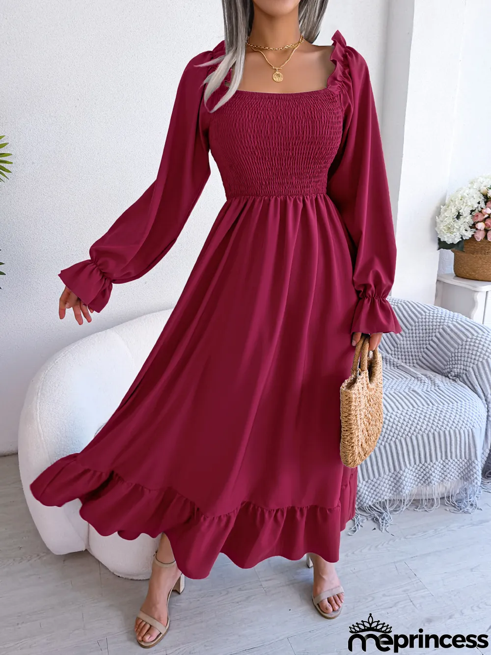 Women Casual Square Neck Bell Bottom Ruffle Maxi Dress