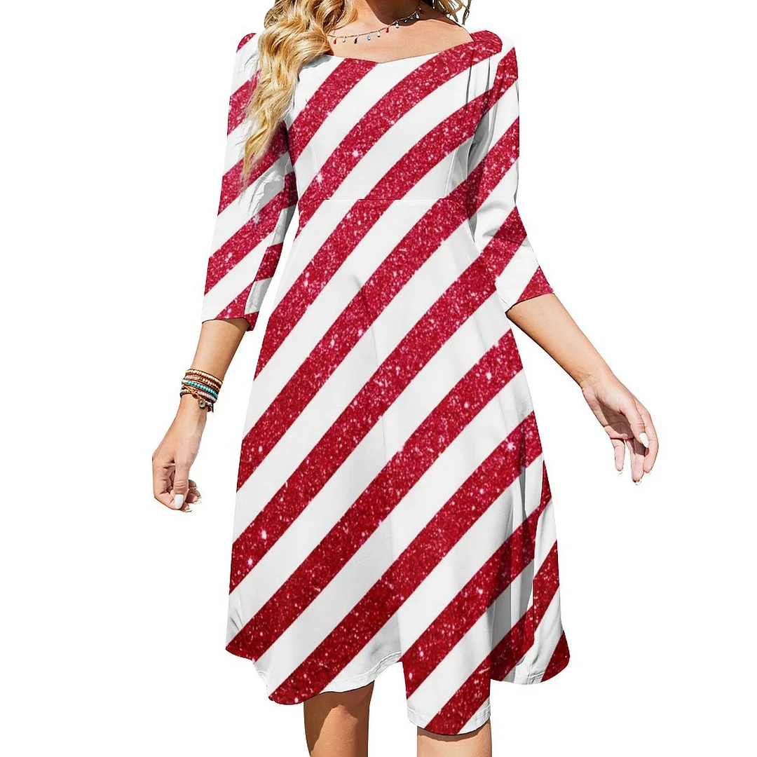 Cute Christmas Candy Cane Glitter Stripped Pattern Dress Sweetheart Tie Back Flared 3/4 Sleeve Midi Dresses