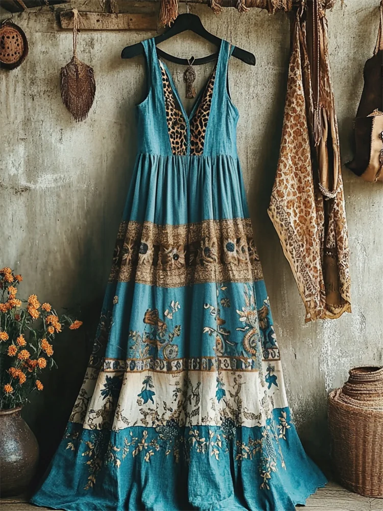 Utbros Vintage Floral Leopard Contrast Turquoise Linen Maxi Dress
