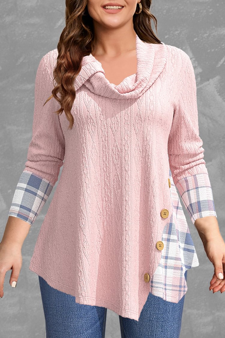 Flycurvy Plus Size Casual Pink Plaid Print Stitching Decorative Button Cowl Neck Blouse  flycurvy [product_label]