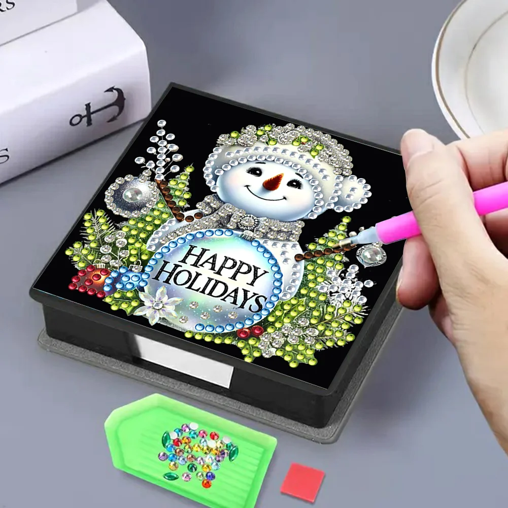 5D DIY PU Snowman Diamond Painting Notecard Box Gem Art Sticky Note Holder