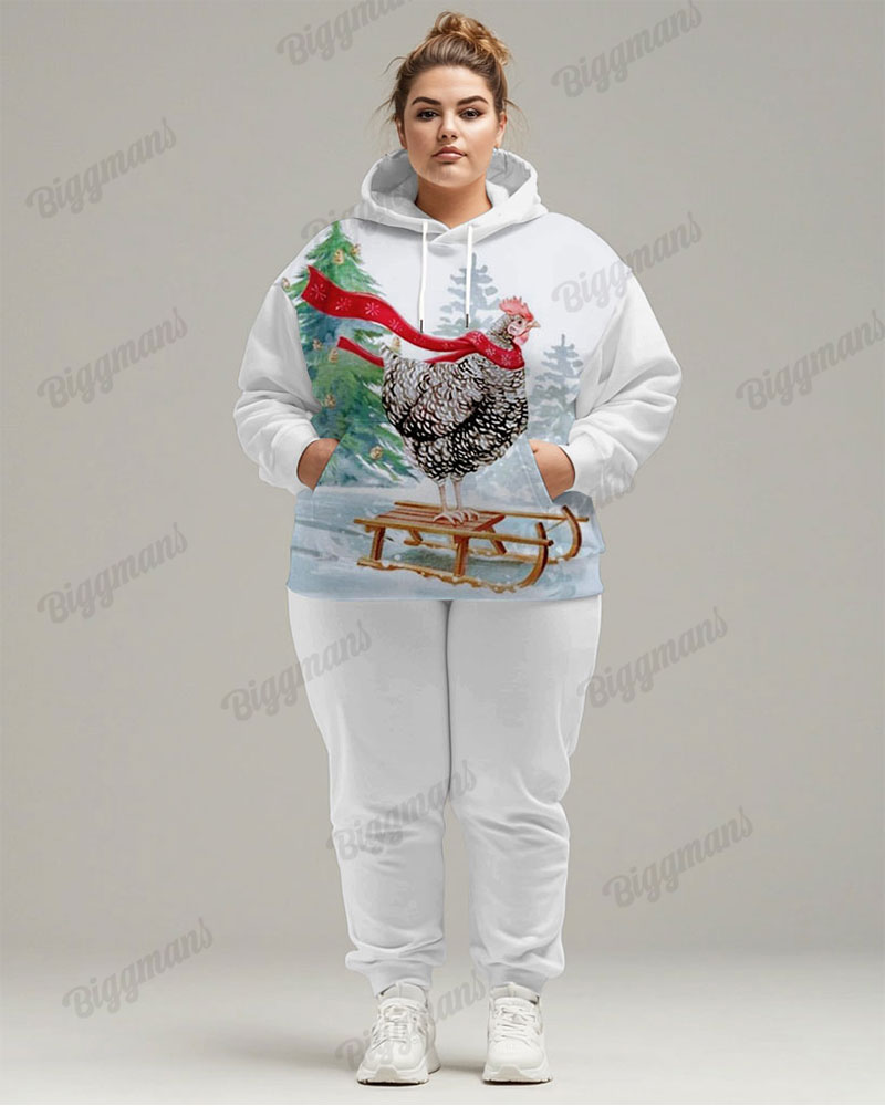 Women's Funny Ski Chicken Print Plus Size Hoodie Suit