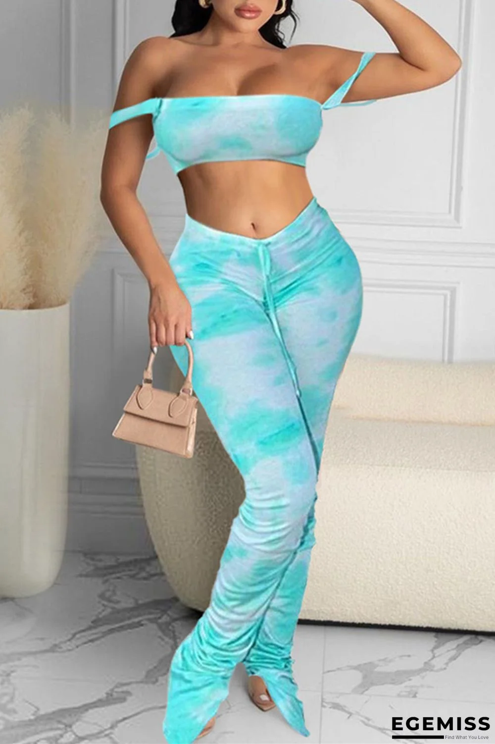 Blue Fashion Sexy Print Tie Dye Backless Strapless Sleeveless Two Pieces | EGEMISS