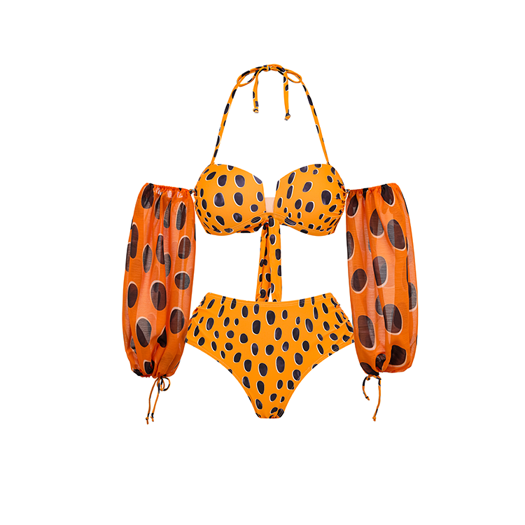 Leopard Print Puff Sleeve Bikini Swimsuit and Pants Flaxmaker