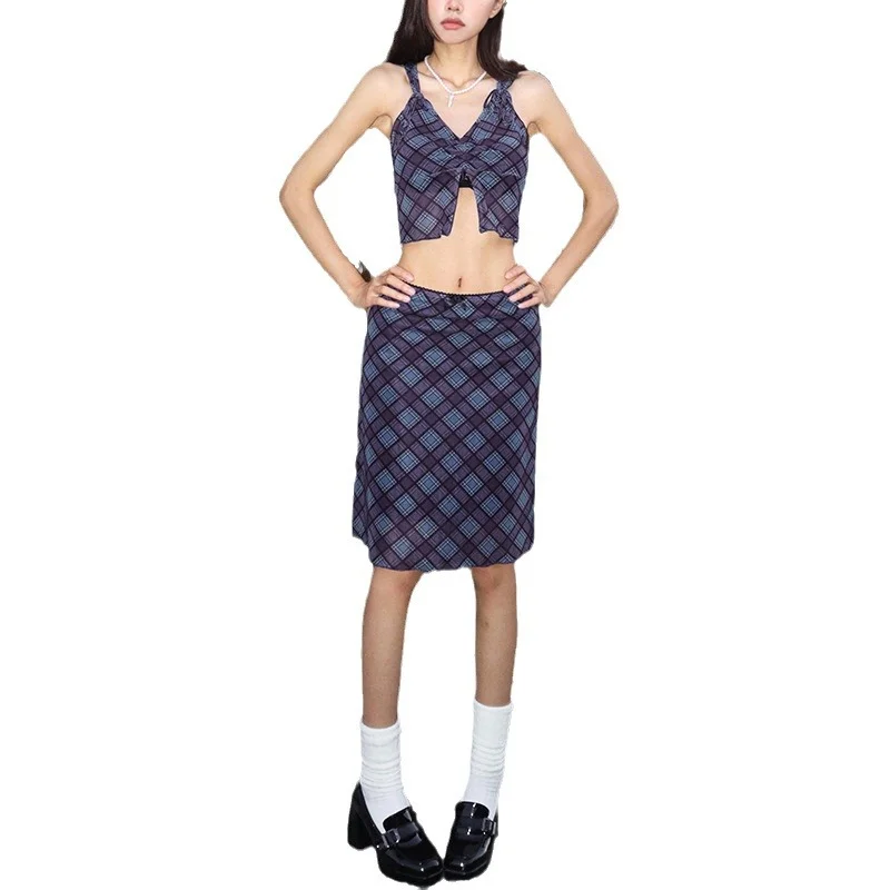 Toloer Toloer Summer New Women's Wear Waist Draw Pleated Plaid Crop Small Vest Slim Skirt-Outfit Ideas