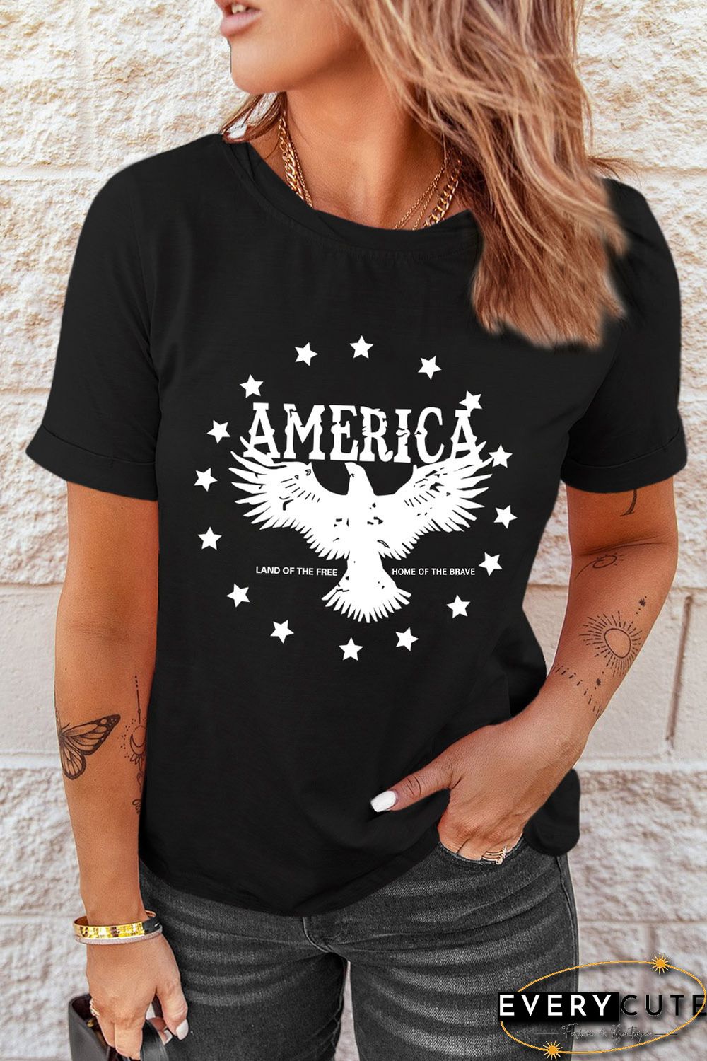 Black AMERICA Eagle Star Graphic Print Short Sleeve T Shirt