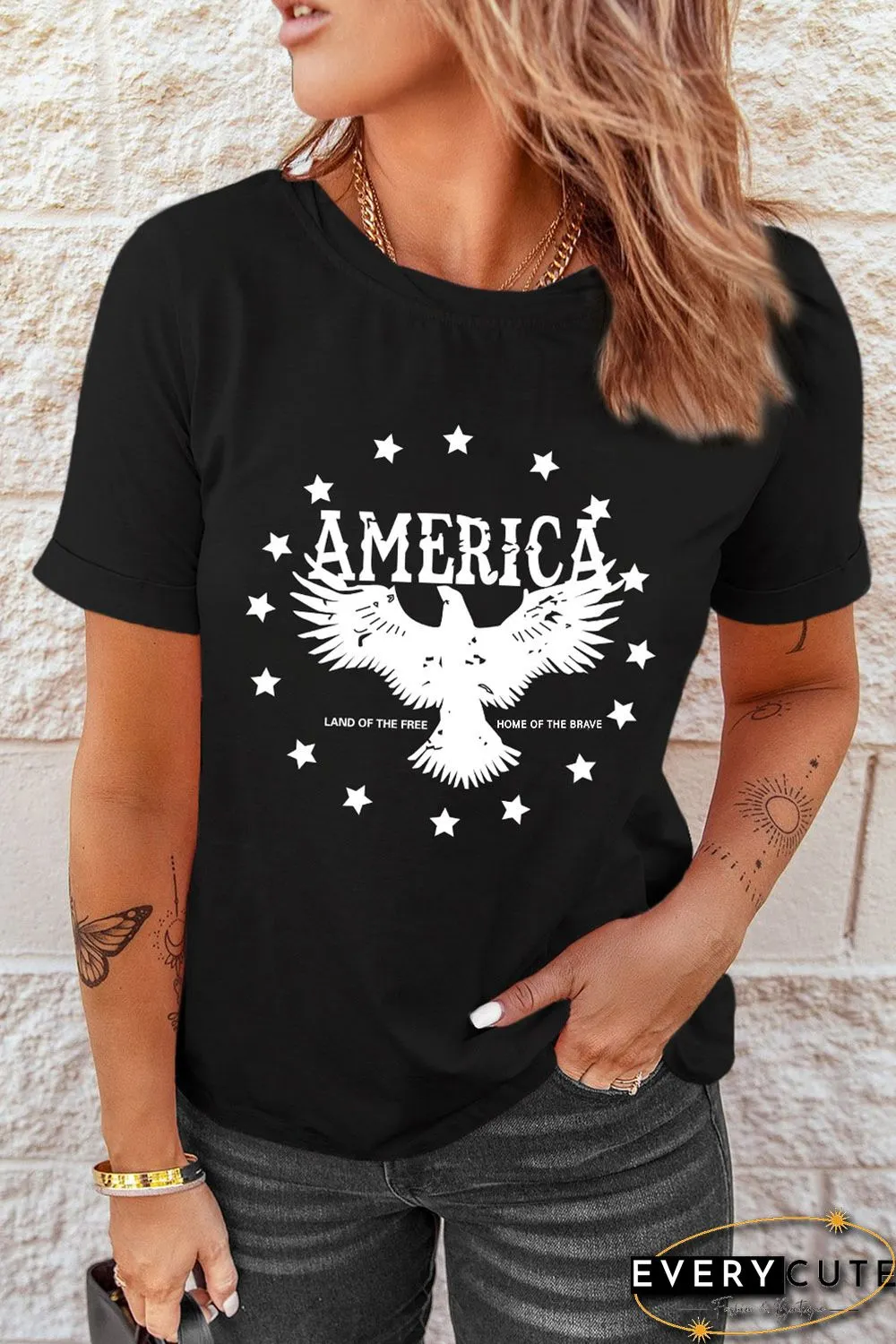 Black AMERICA Eagle Star Graphic Print Short Sleeve T Shirt