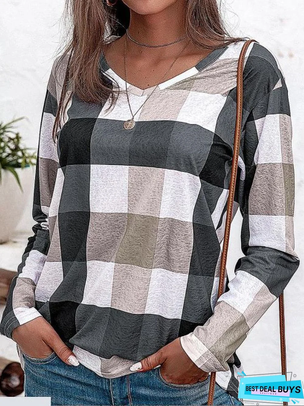 V Neck Checked/Plaid Casual Long sleeve T-shirt