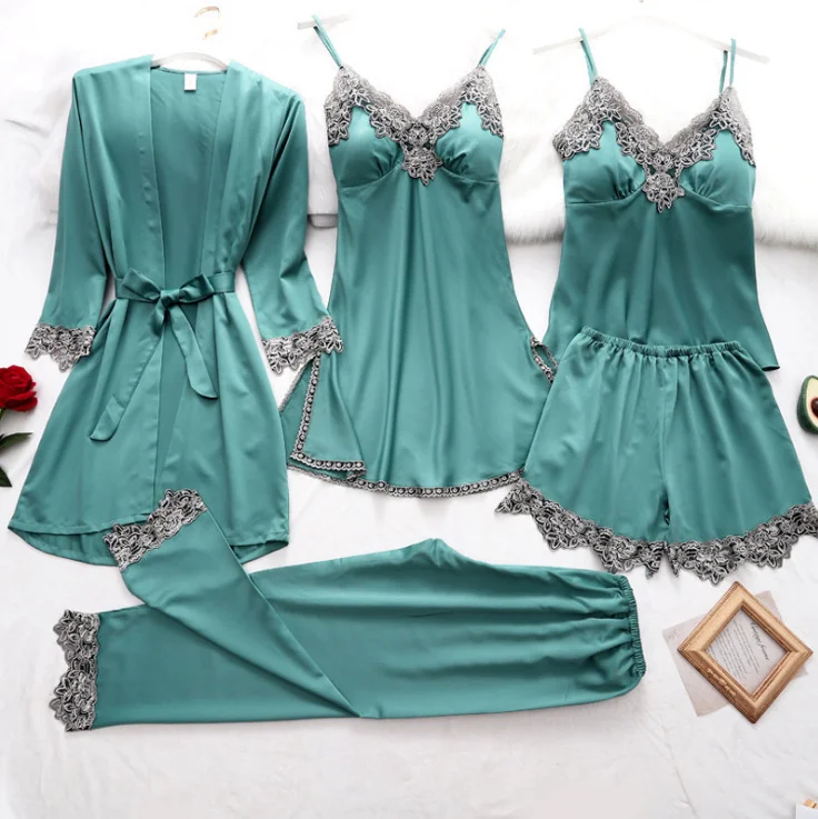 Uveng Simulation Silk Pajamas Lingerie Five-Piece Set Slings Sexy Lady Bathrobe Home Clothes Pajamas