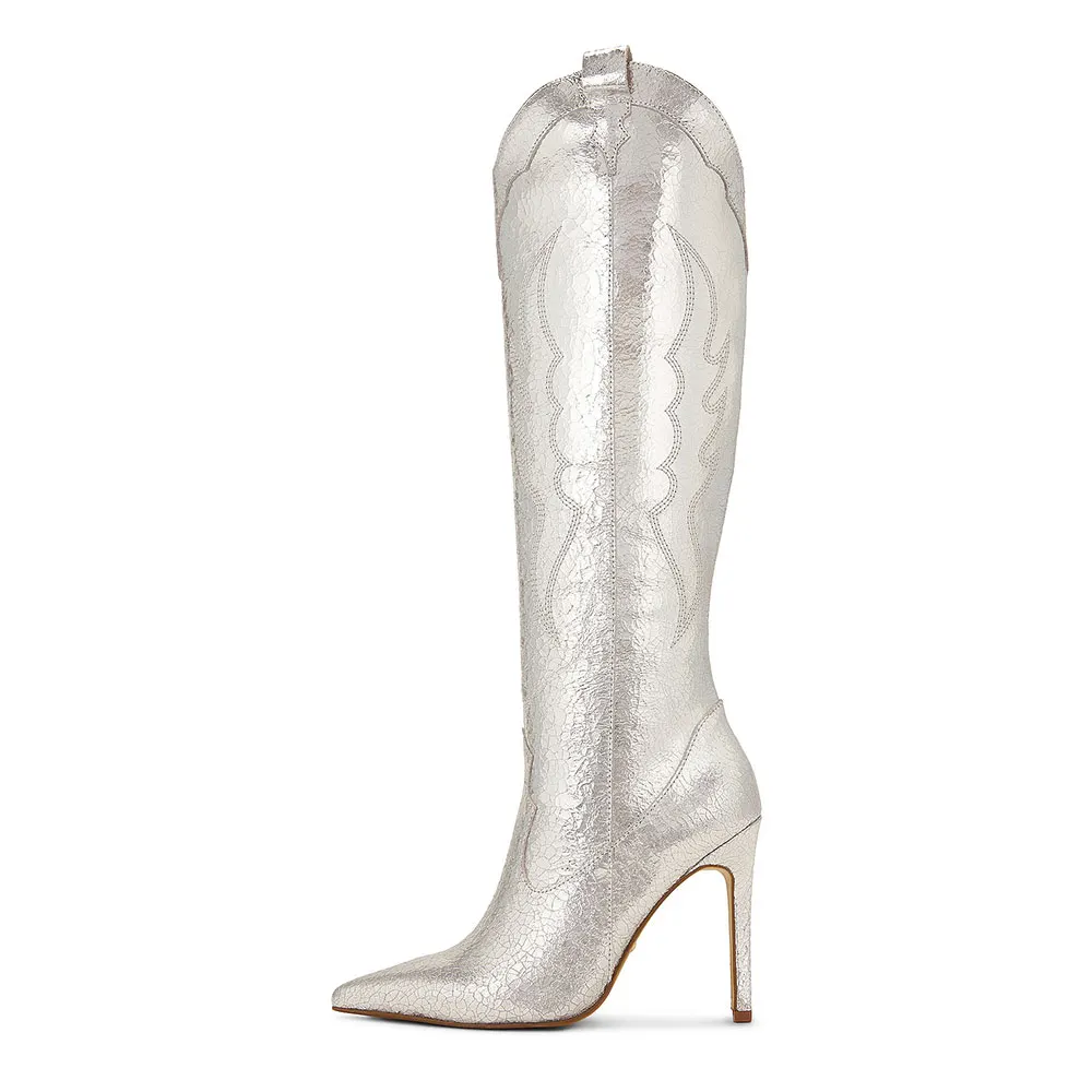 Silver Cracked Metallic Finish Stiletto Heel Embroidered Cowgirl Boots