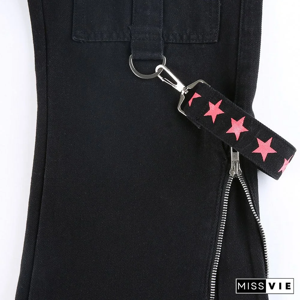 Star Print Ribbon Pocket Casual Denim Pants